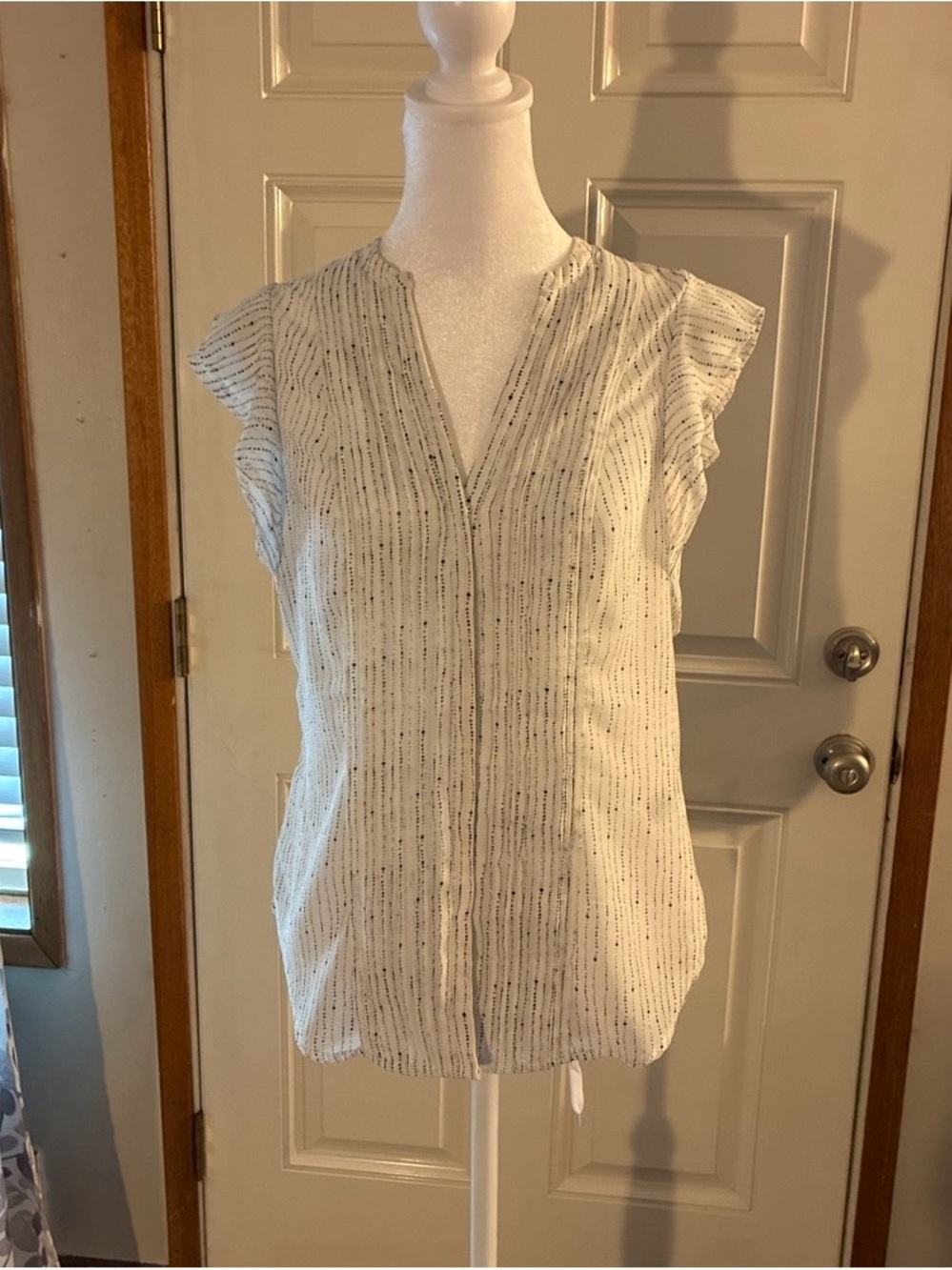 H&M White Blouse with Navy Pinstripe Flutter Sleeves
